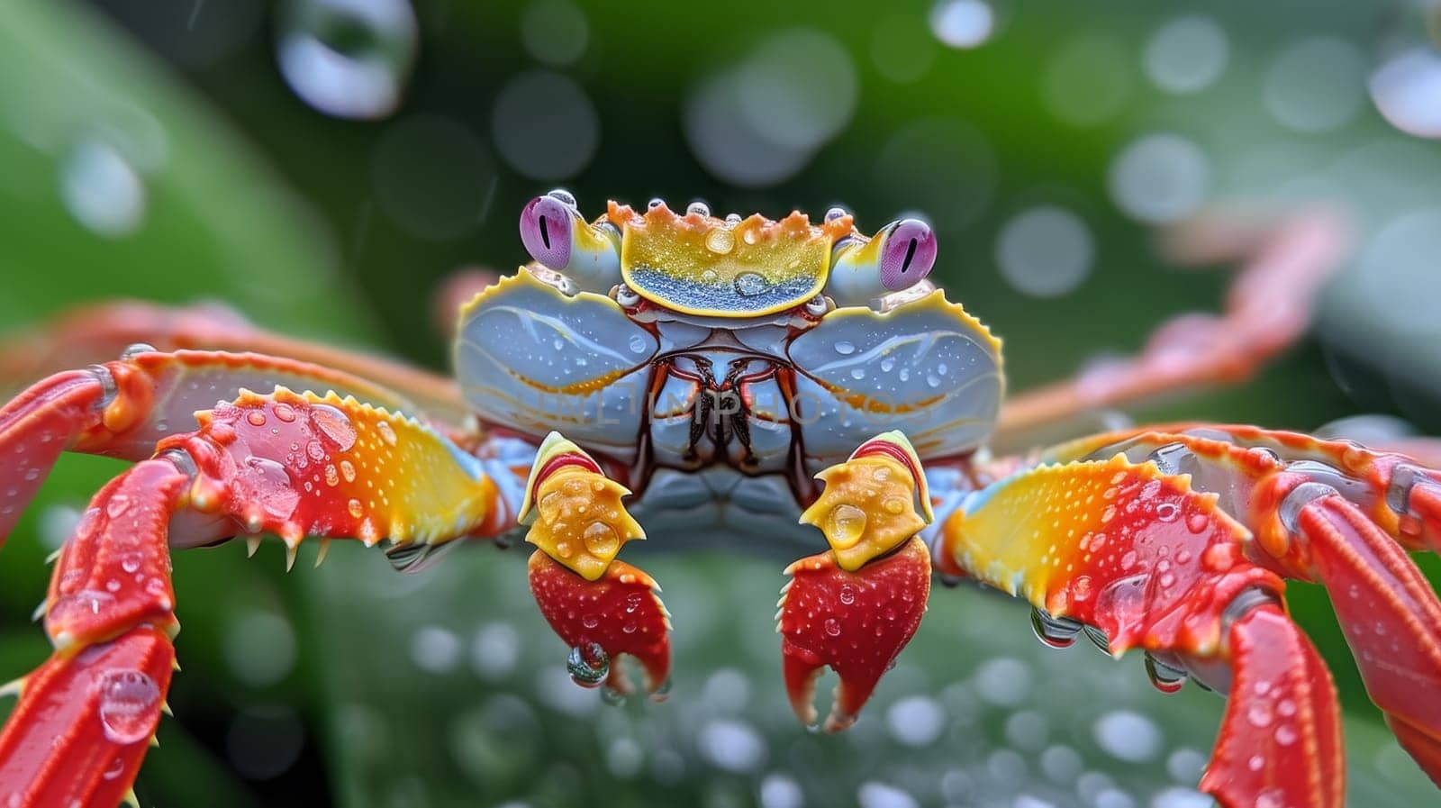 A close up of a crab with rain drops on its body