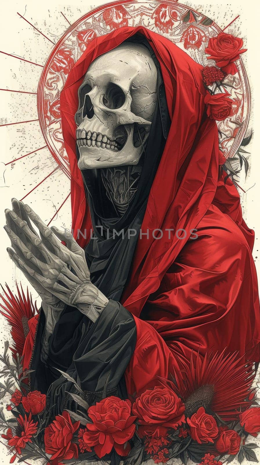 A painting of a skeleton in red robes praying with flowers