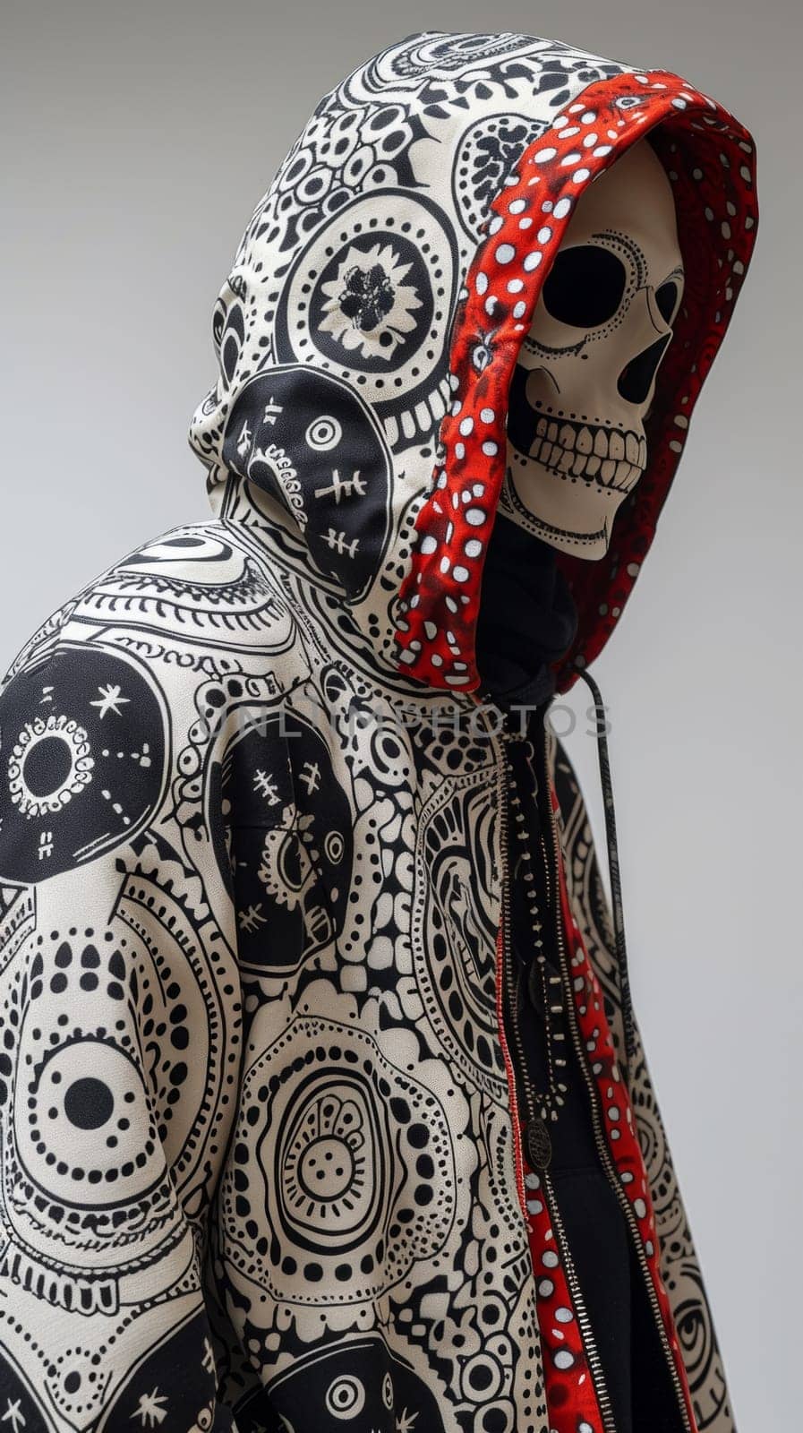 A skeleton wearing a hoodie with red and black patterns