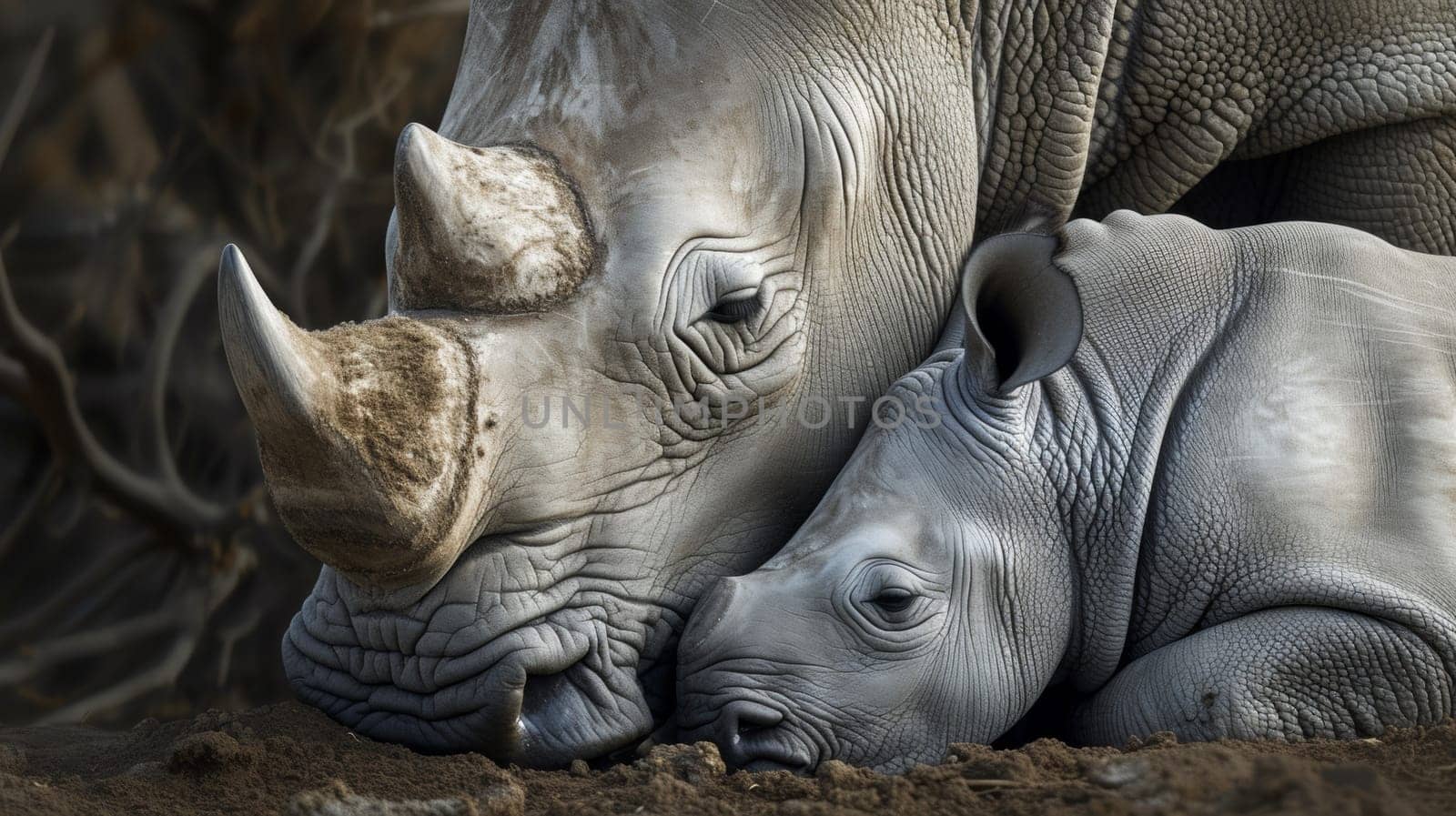 A close up of a rhino and its baby in the dirt