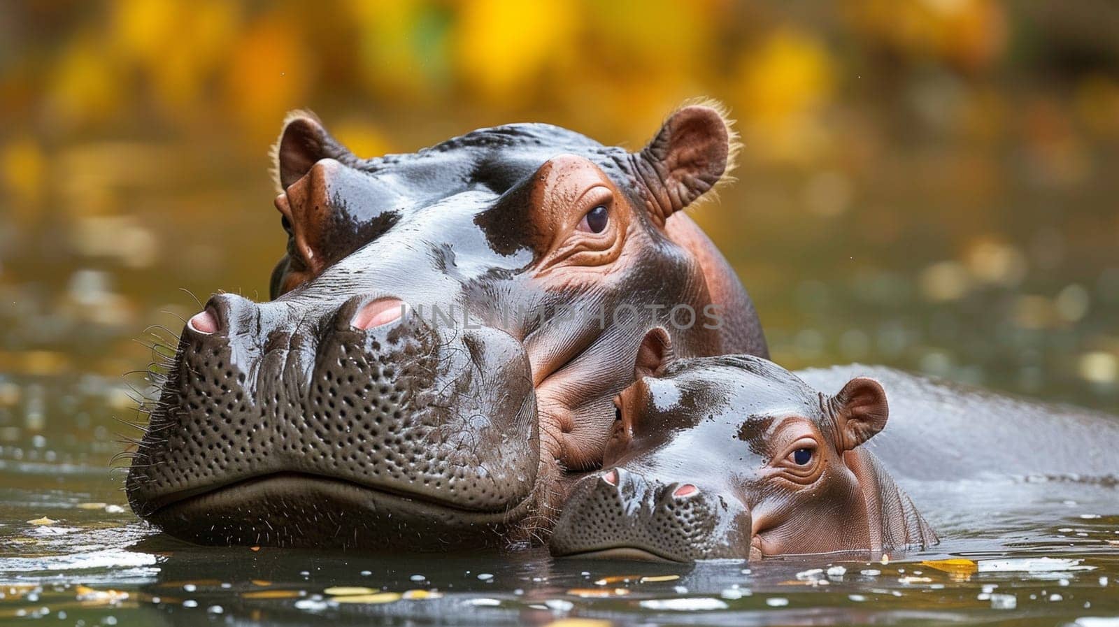 A hippo and baby in the water with leaves on them