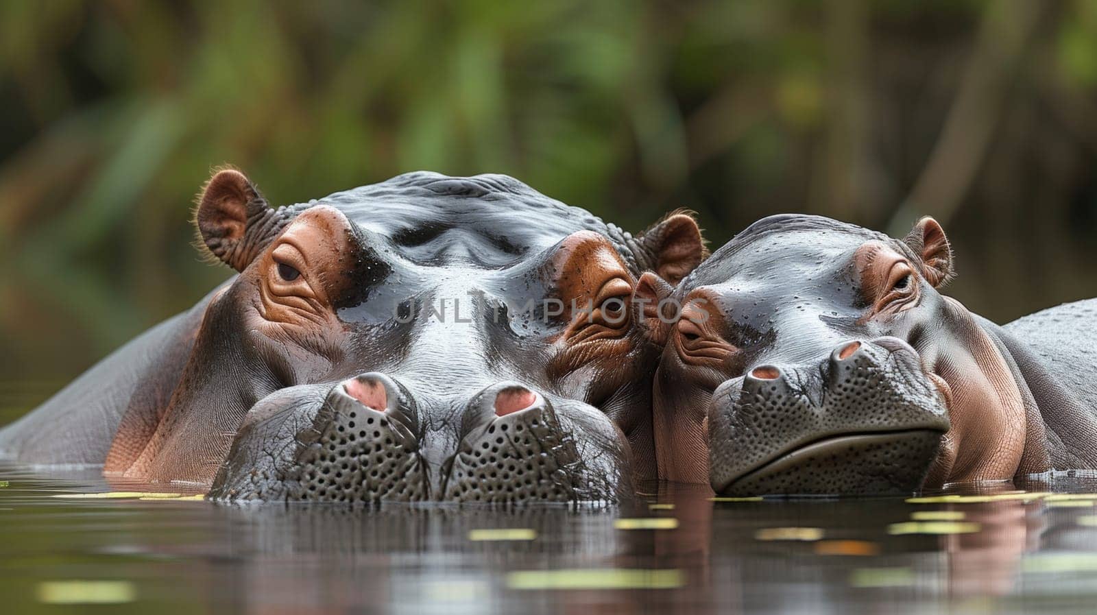 Two hippos are swimming in the water together with their heads touching