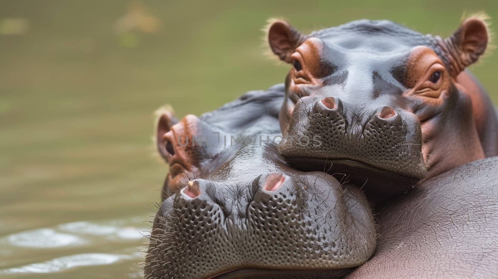 Two hippos are standing in the water with their heads touching