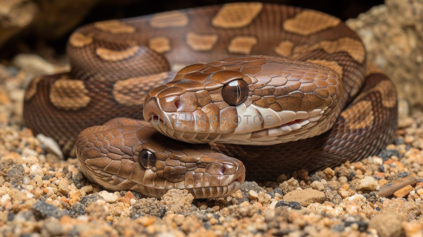 Two snakes are laying on top of each other in the sand