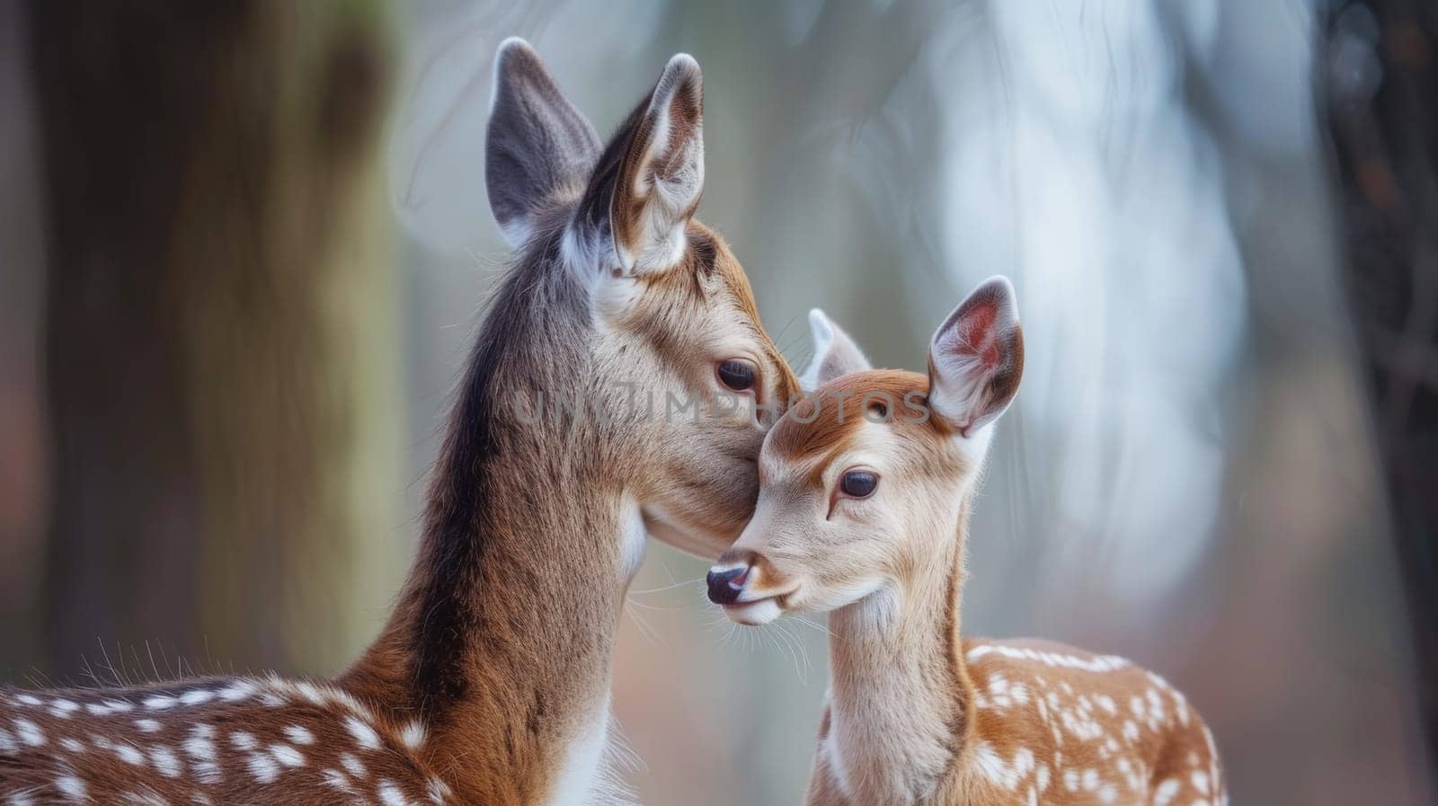A small deer is nuzzling the head of a larger one