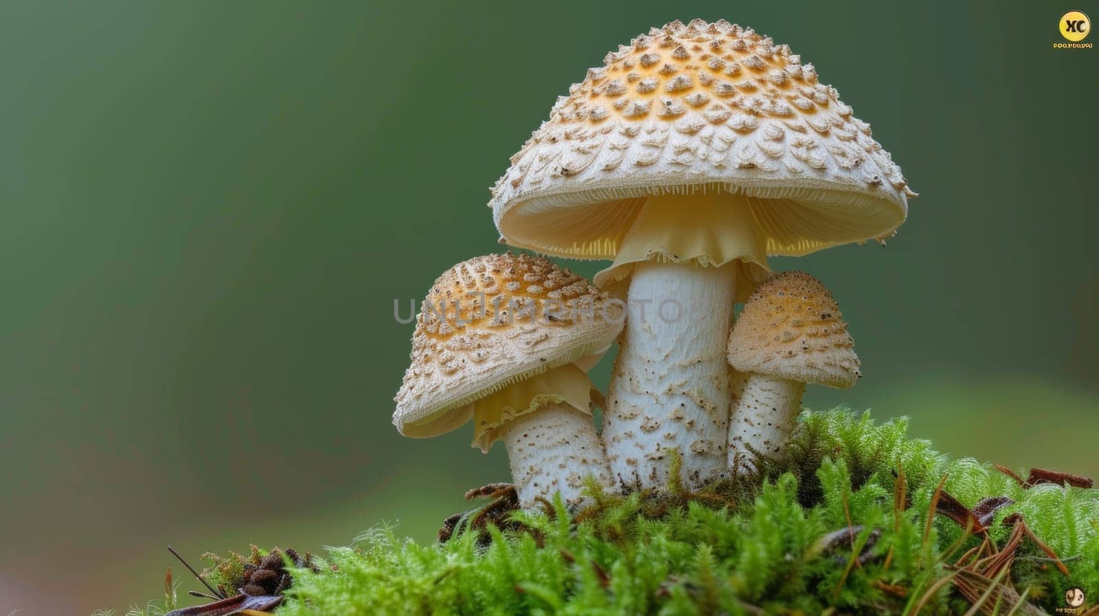 A group of three mushrooms are standing on top of a green mossy surface