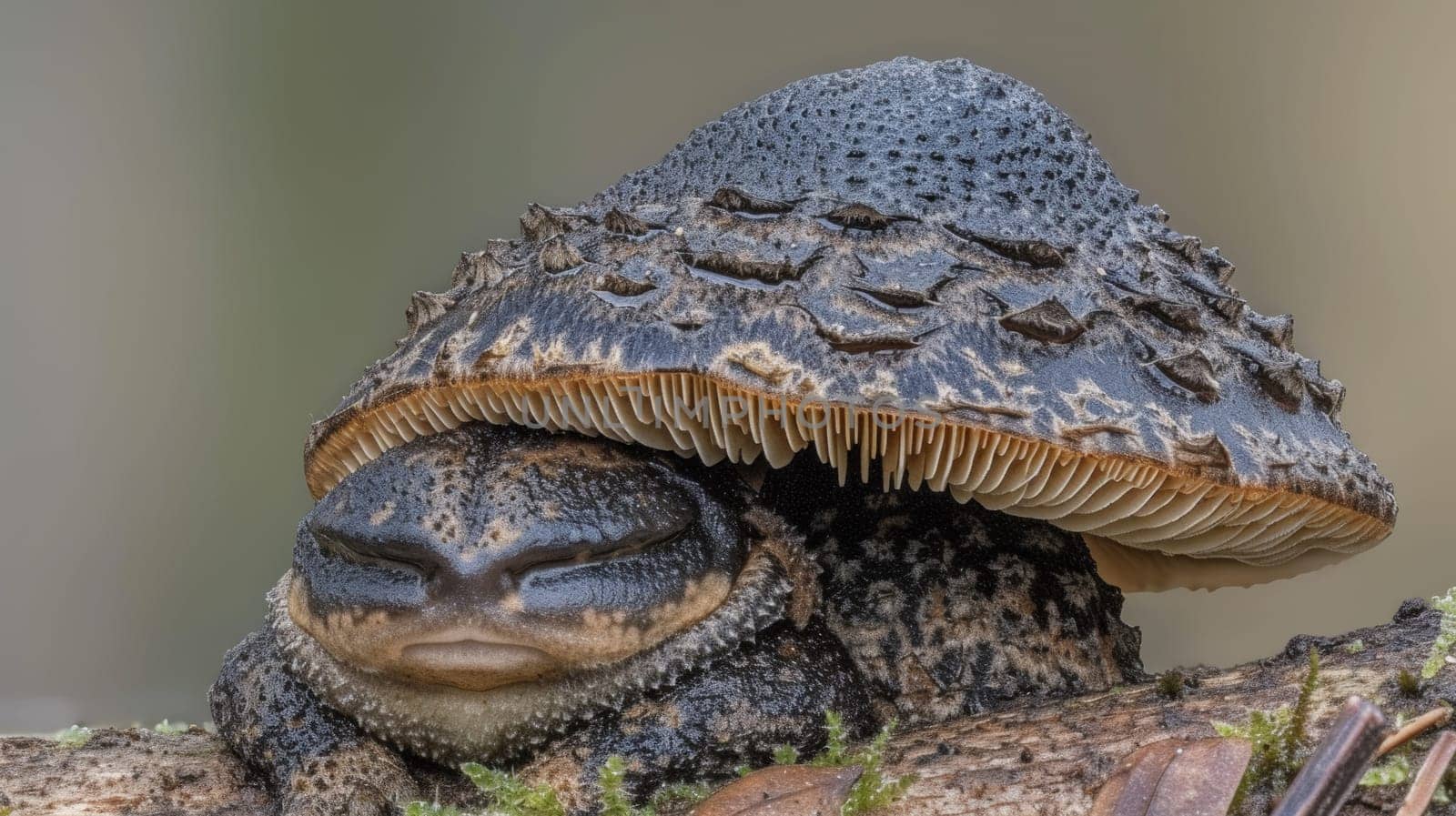 A small toad sitting on top of a mushroom, AI by starush