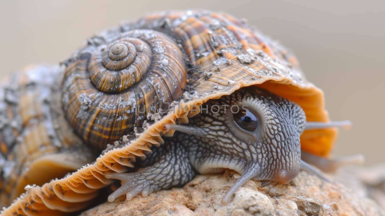 A close up of a snail crawling on top of some rocks, AI by starush