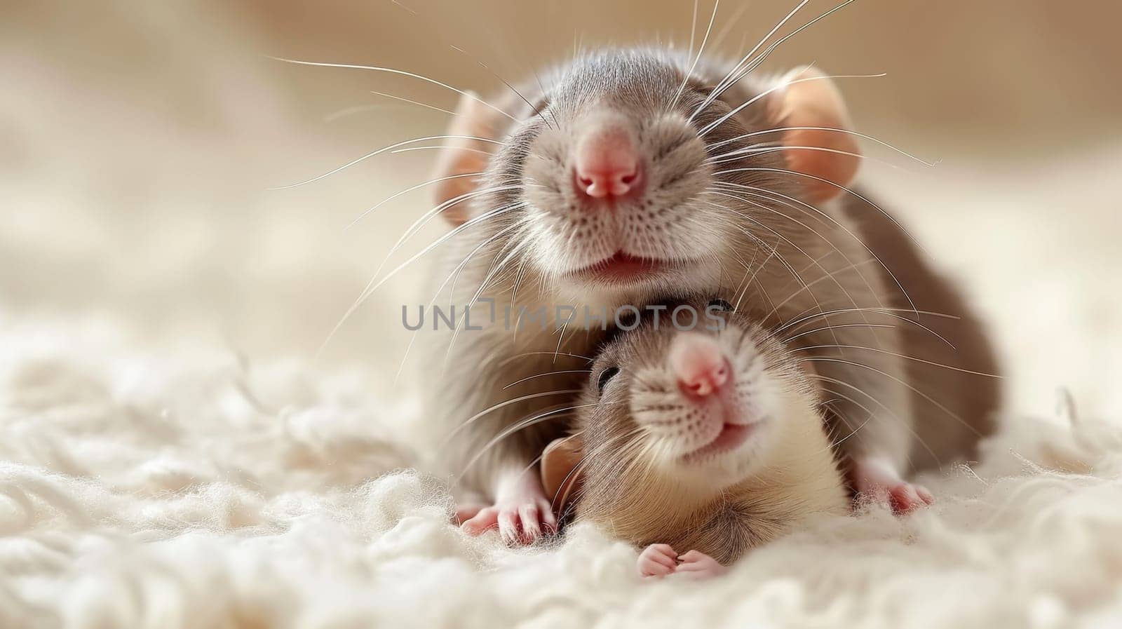 A close up of two rats laying on a fluffy white blanket