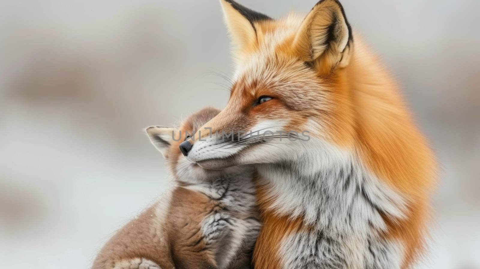 A fox and its cub cuddling together in the snow