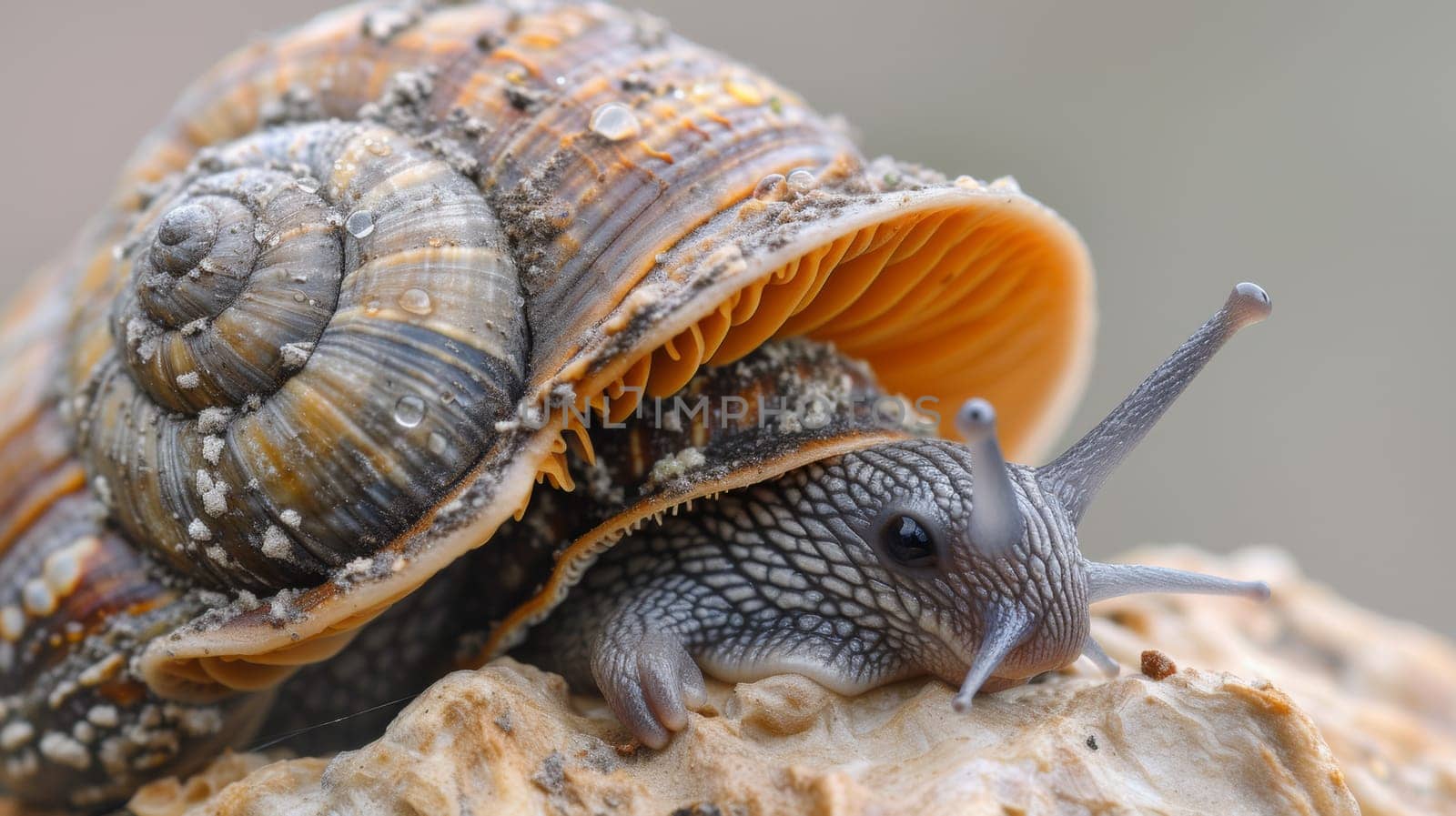 A snail is sitting on top of a rock with its shell open