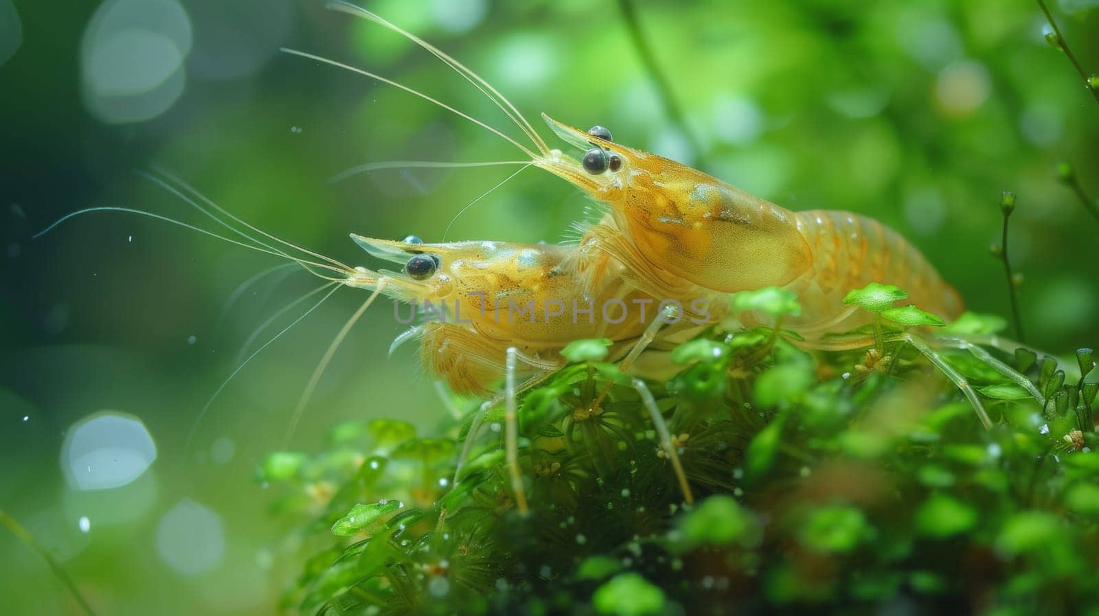 Two shrimp are sitting on top of some green moss, AI by starush