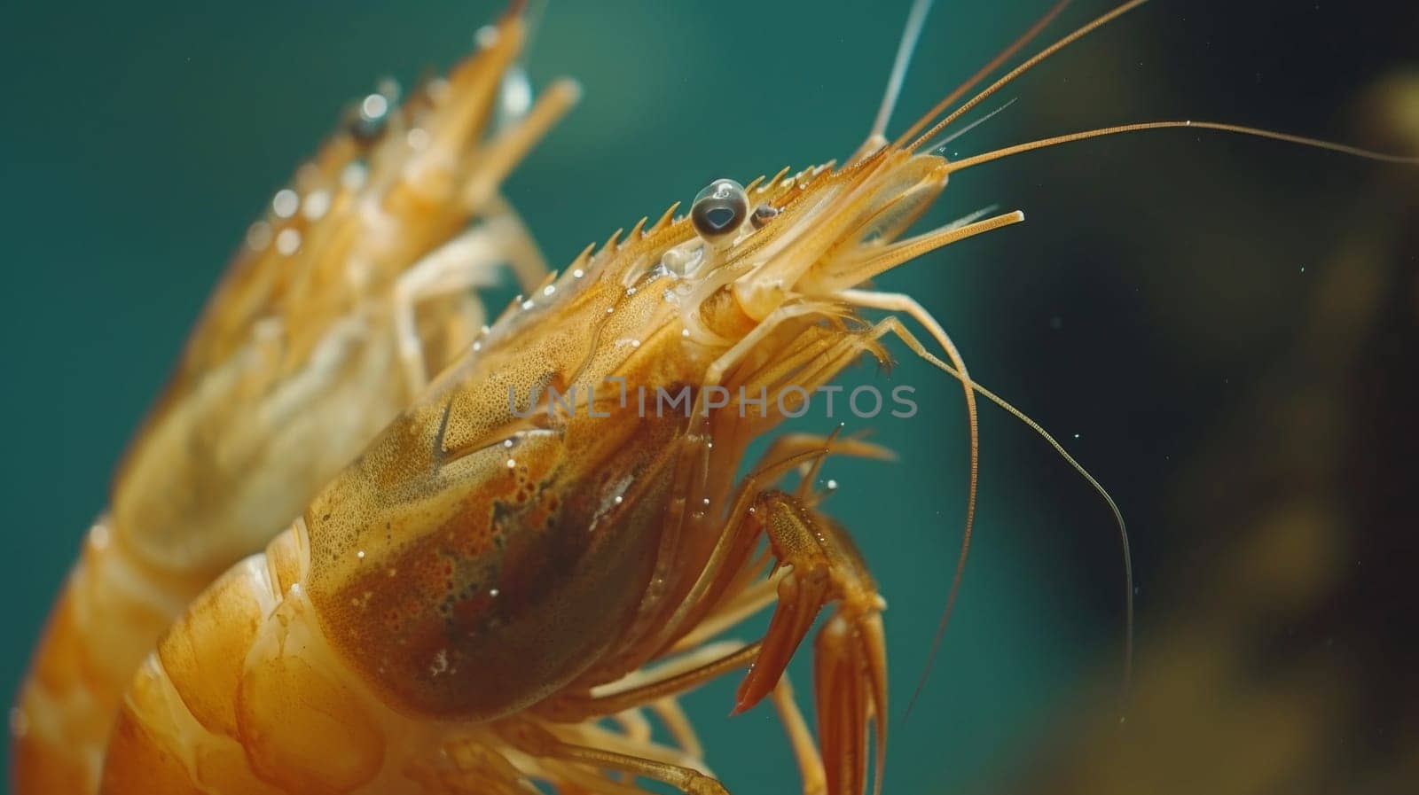 A close up of two shrimp with water droplets on their backs