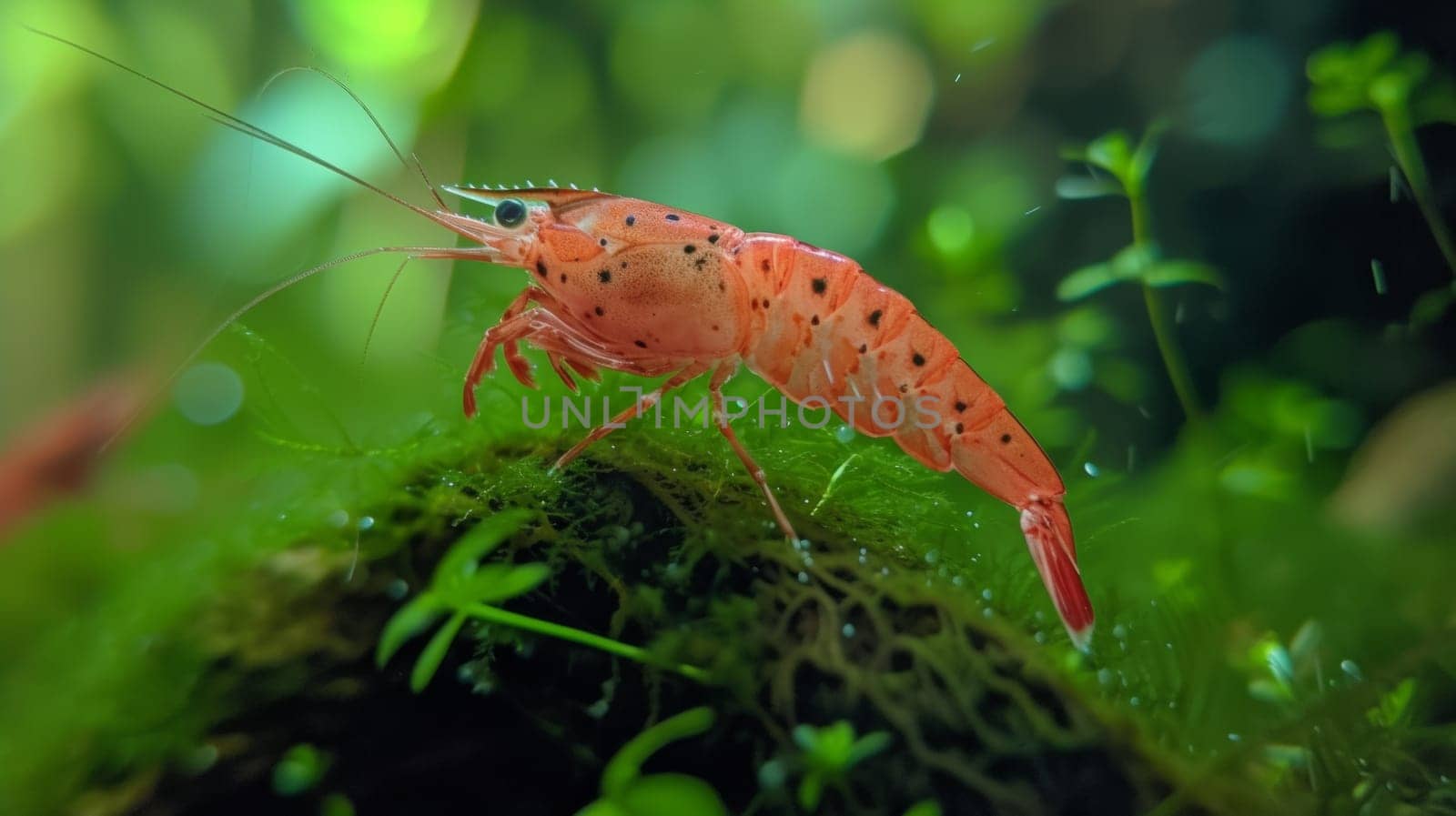 A shrimp is sitting on top of a moss covered rock