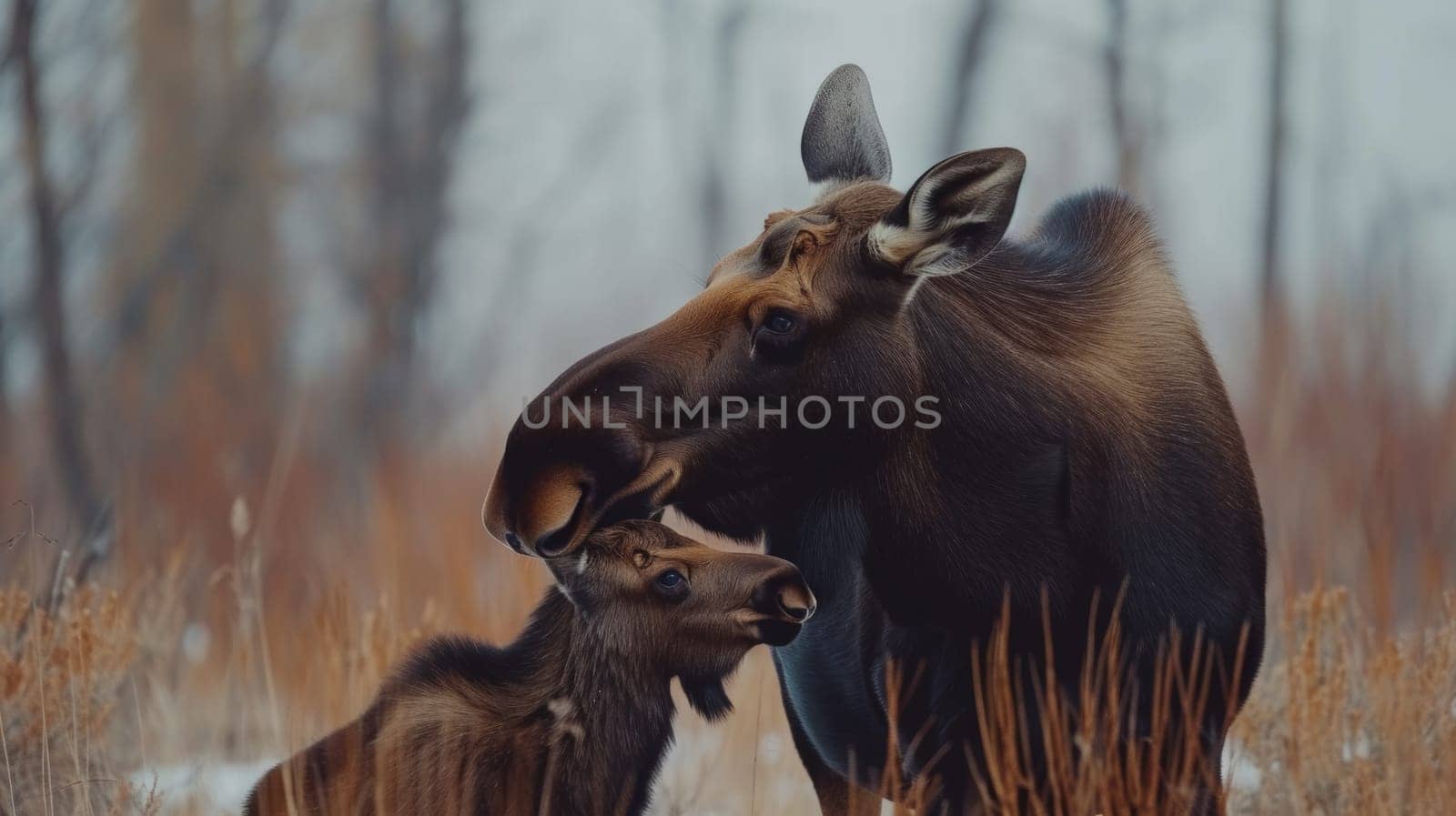 A mother moose and her calf in a field of tall grass, AI by starush