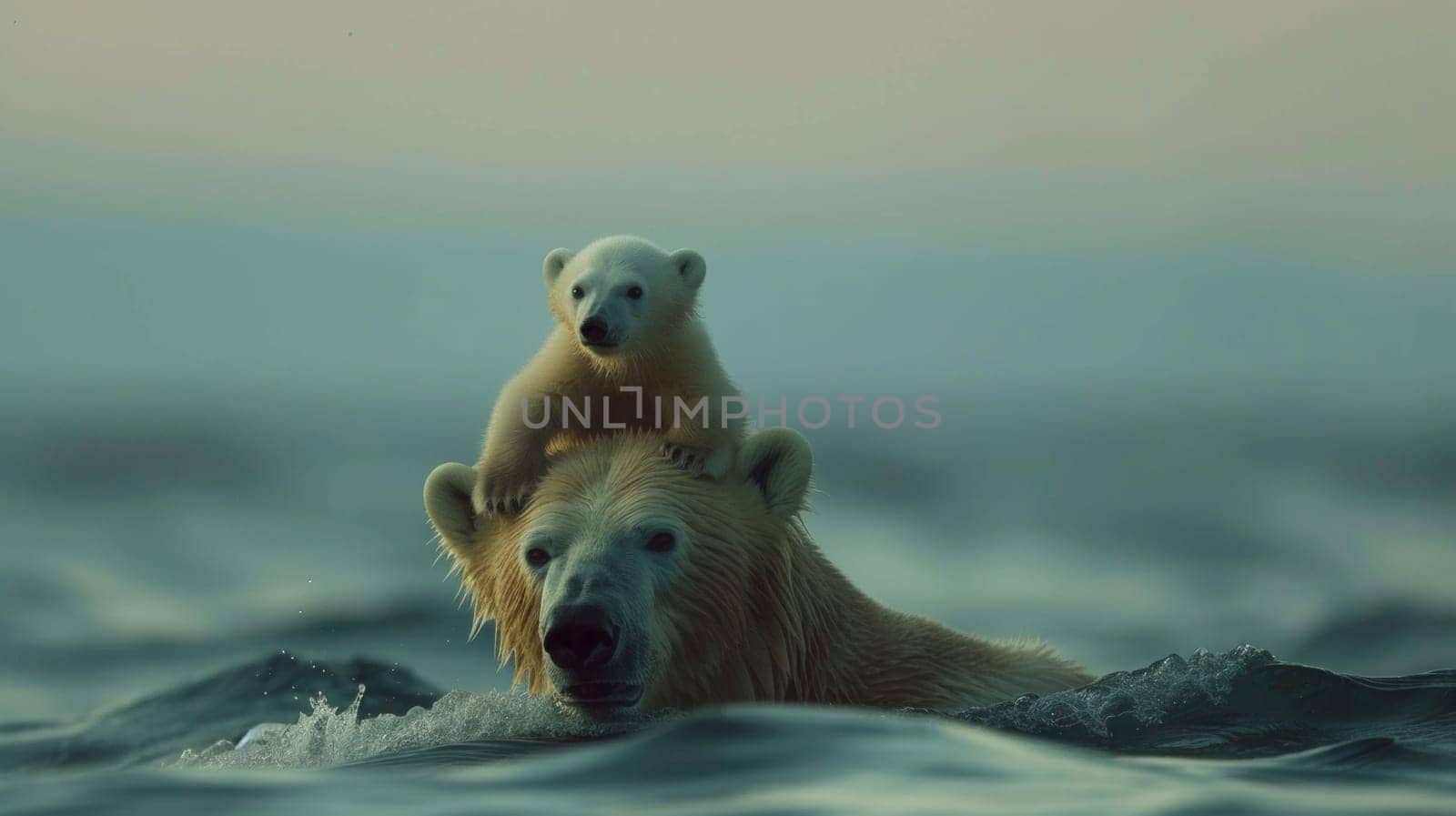 A polar bear with a baby on its back swimming in the ocean