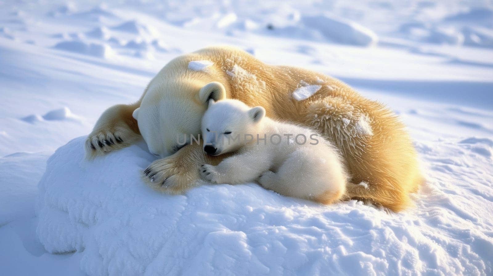A polar bear and cub sleeping in the snow together