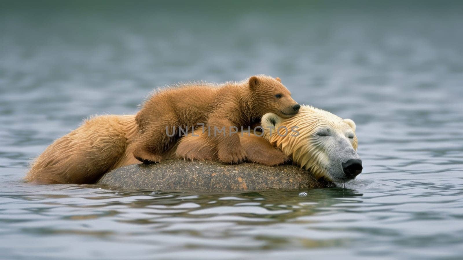 A bear and cub swimming in a body of water