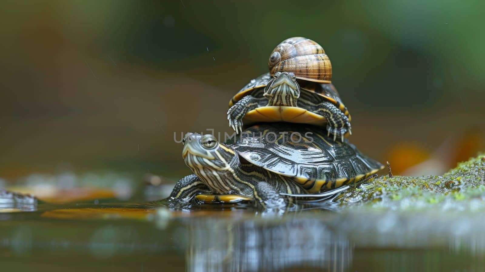 Two turtles are sitting on top of each other in the water