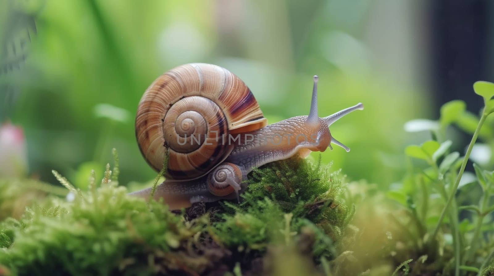 A snail is sitting on top of a moss covered plant