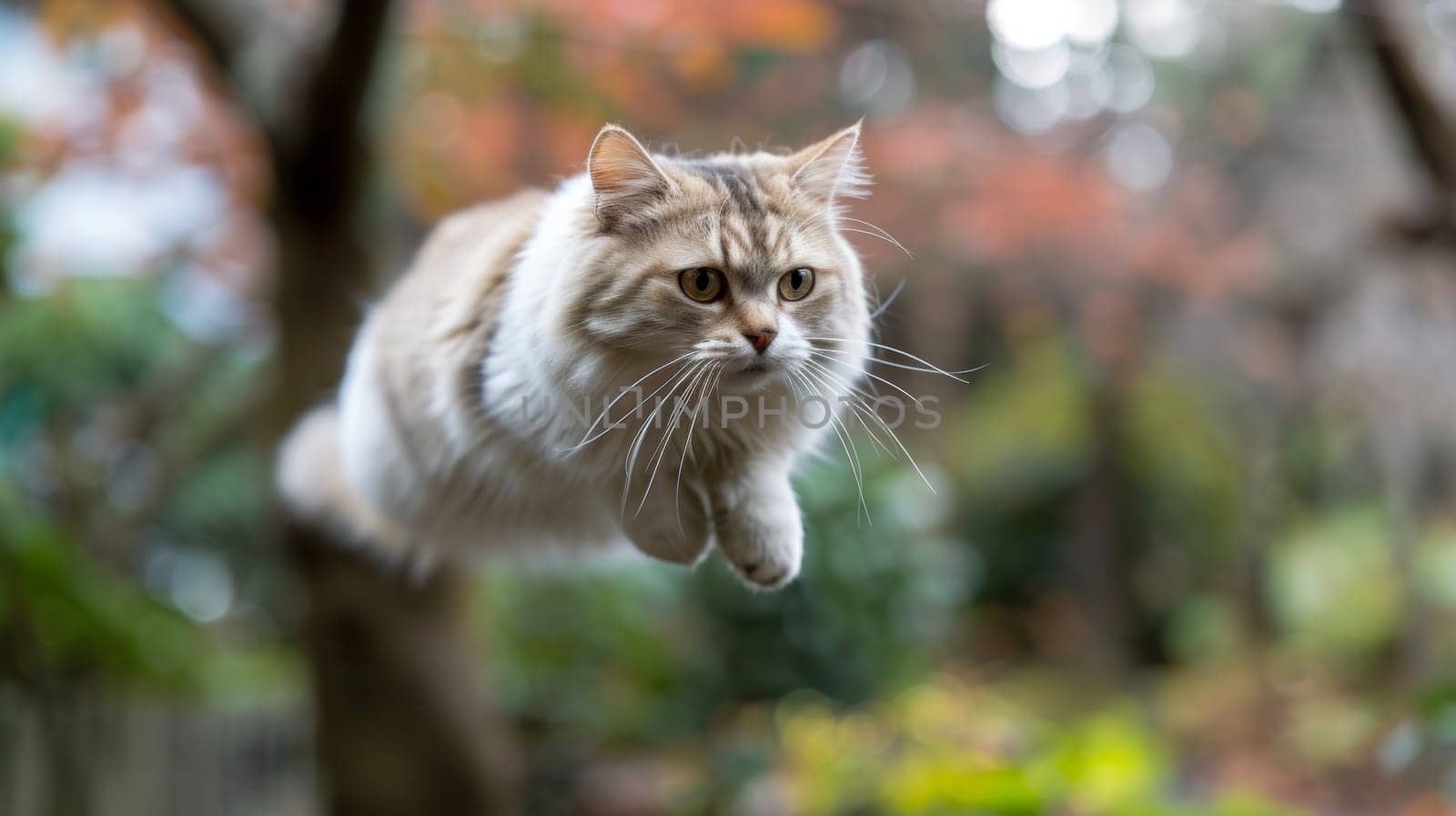 A cat flying through the air in front of a tree