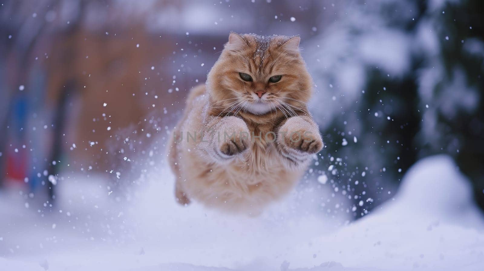 A cat jumping in the air while snow is falling