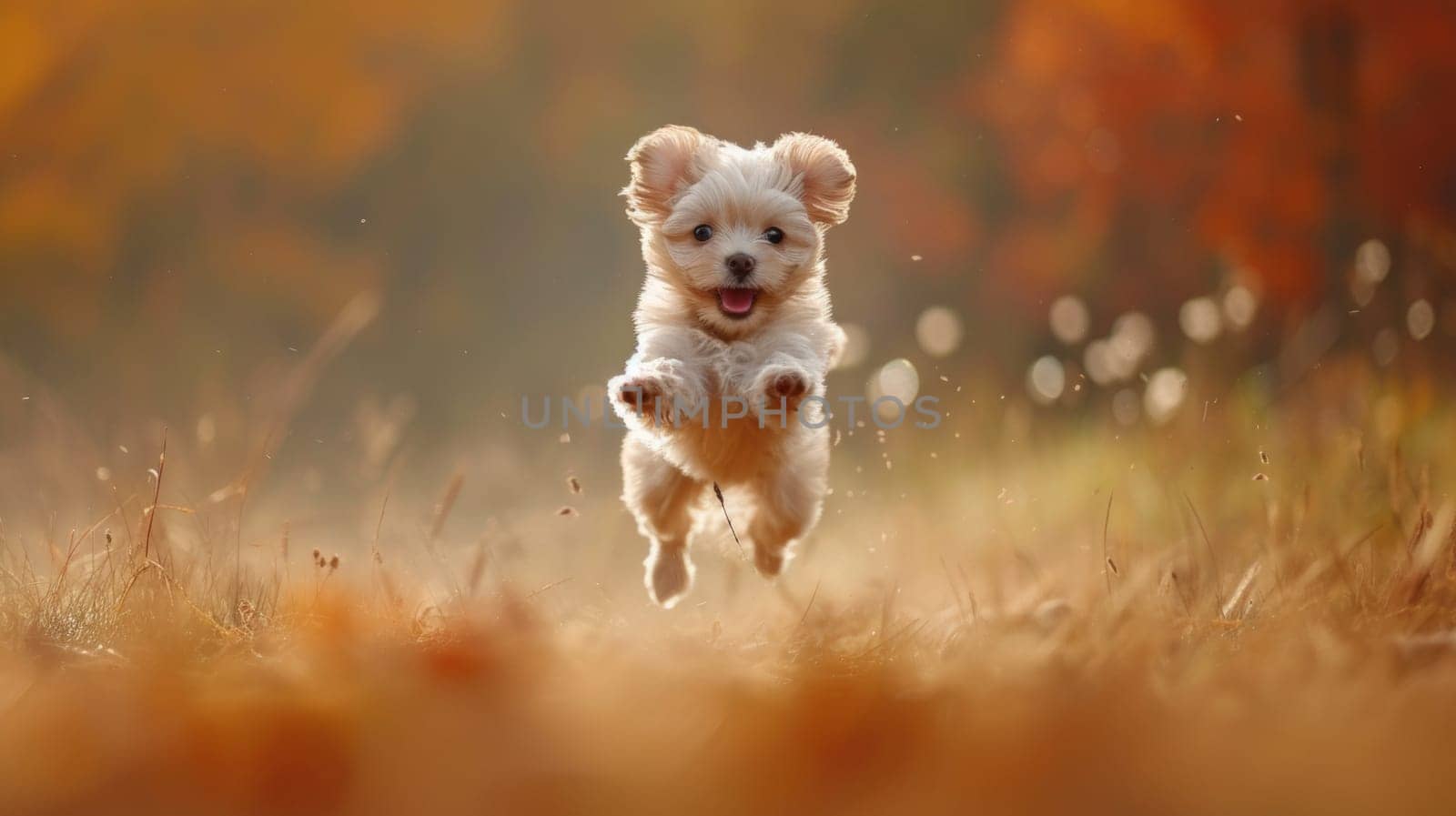 A small white dog jumping in the air on a field