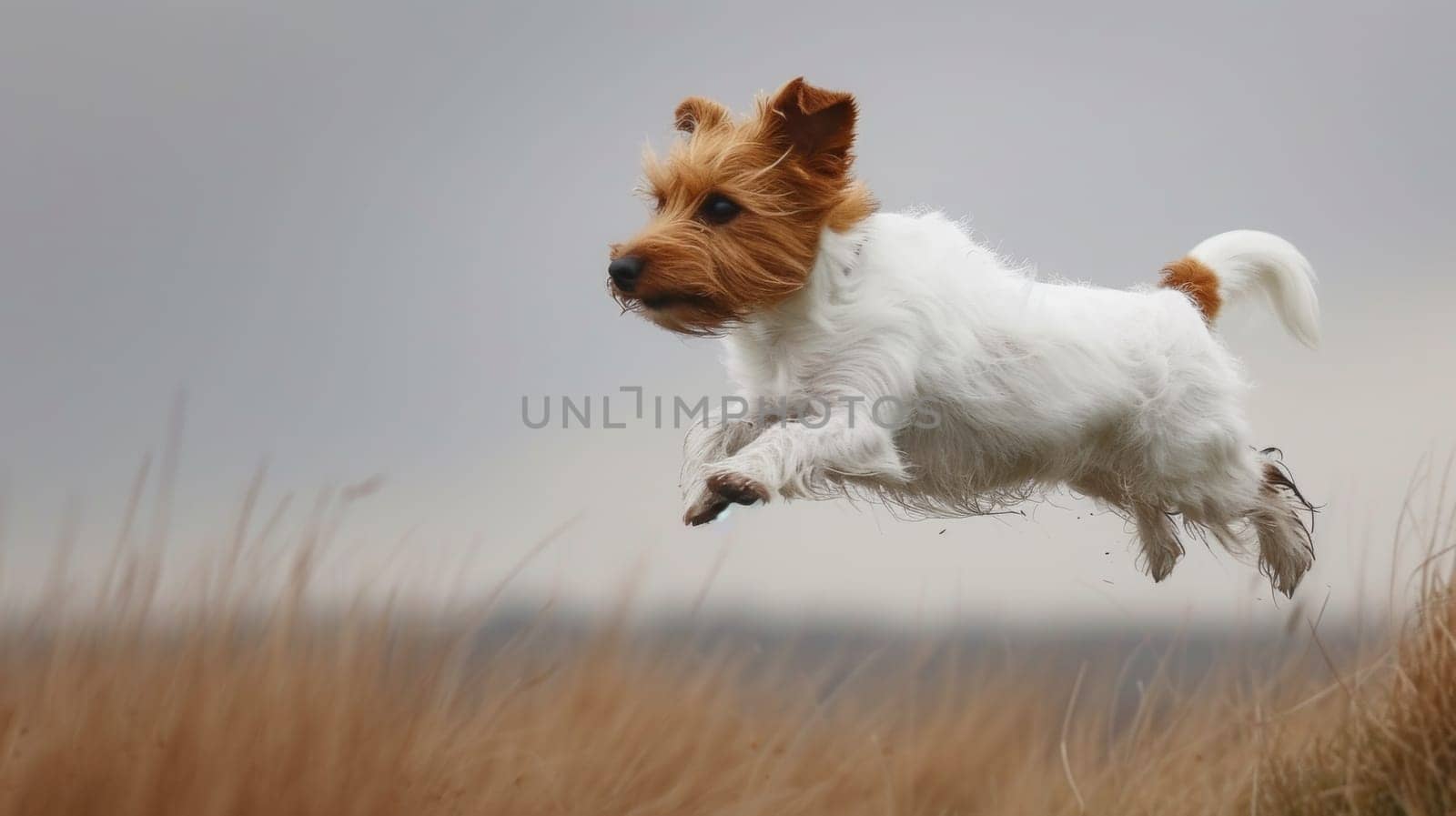 A small dog running through a field of tall grass