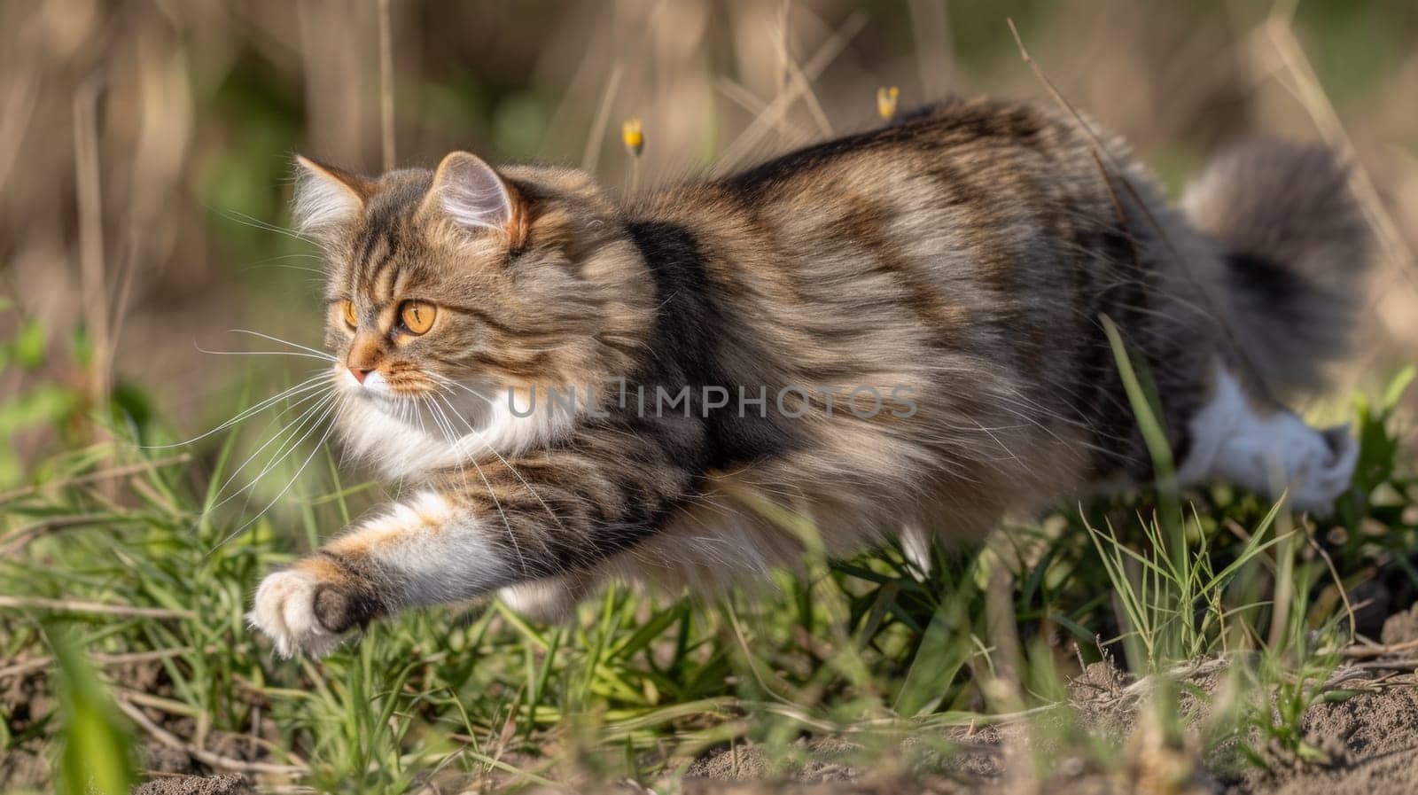 A cat running through a field of grass with its paws outstretched