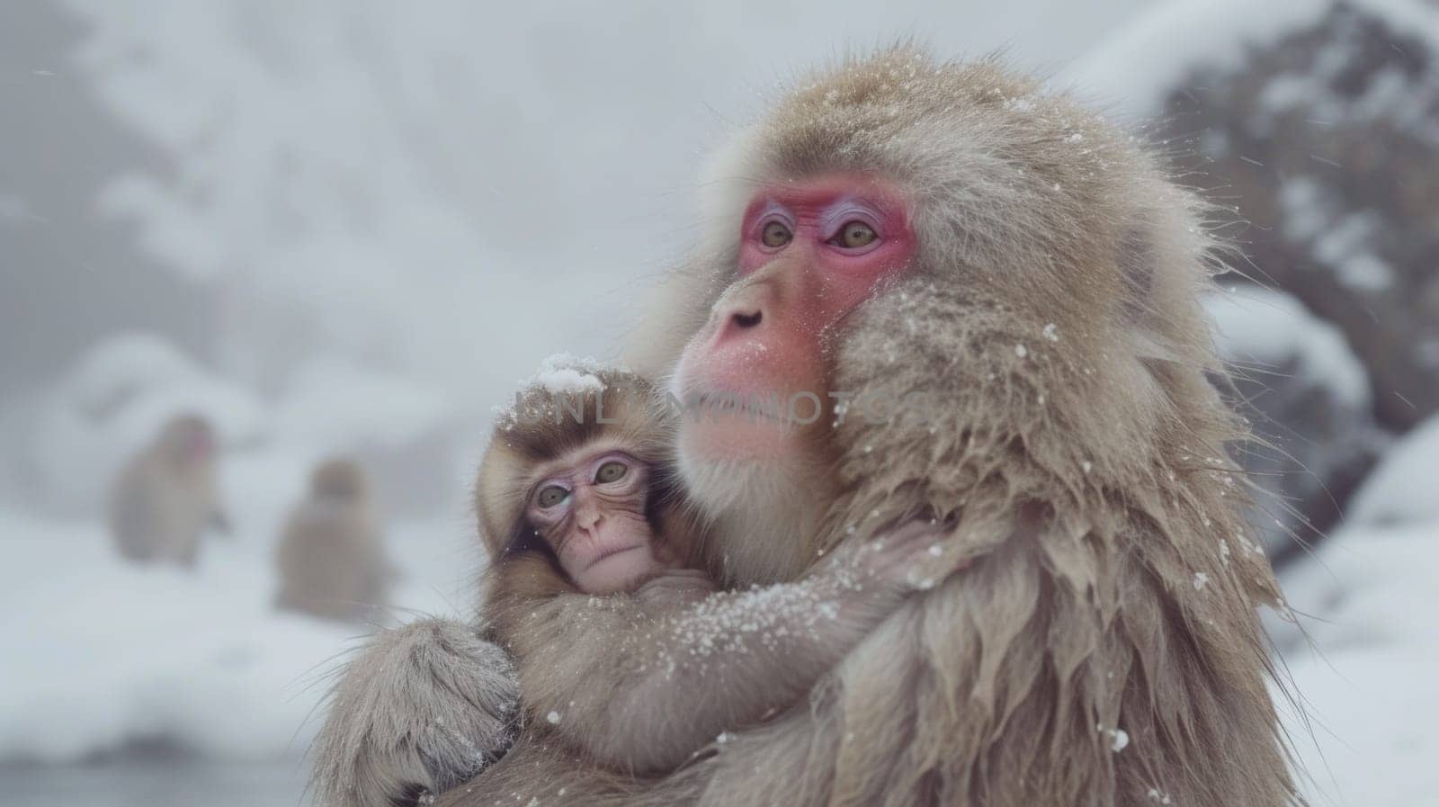 A monkey with a baby in its arms standing next to another