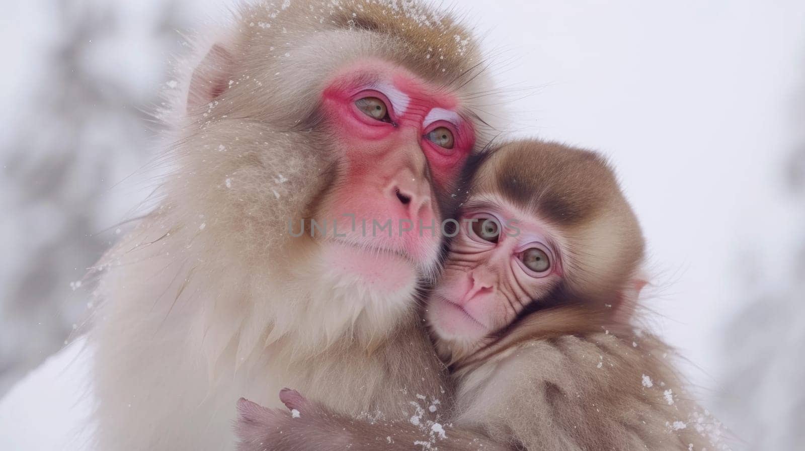 A close up of a monkey with its baby in the snow