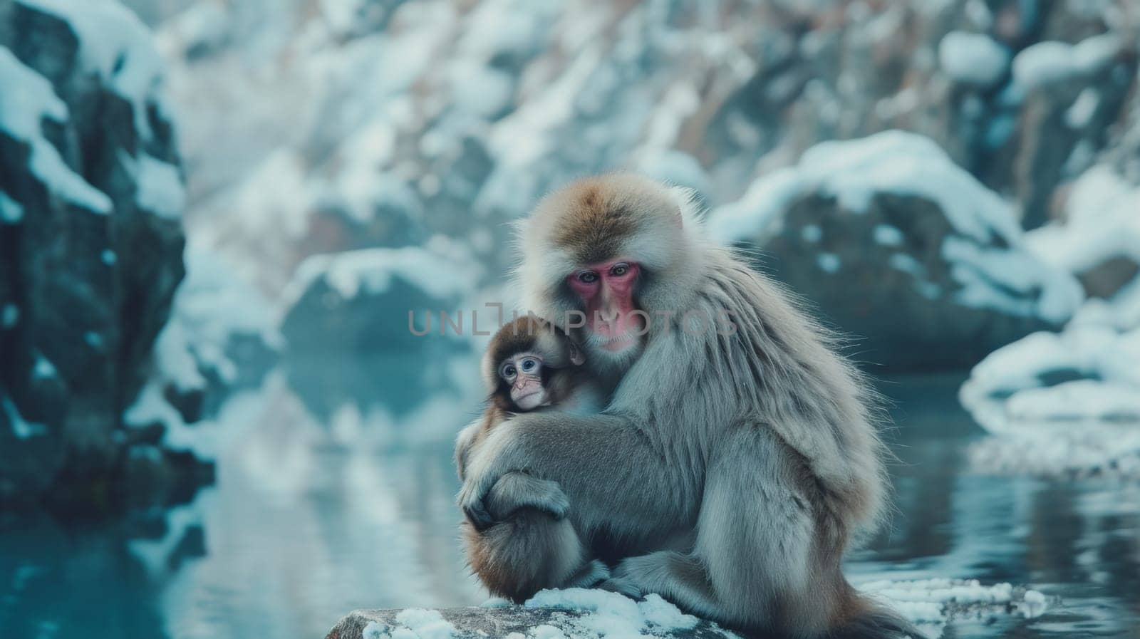 A monkey sitting on a rock with its baby in the snow