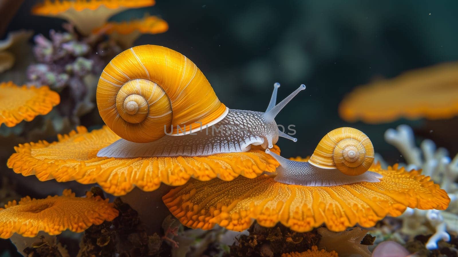 Two snails are on a coral reef with some other sea life