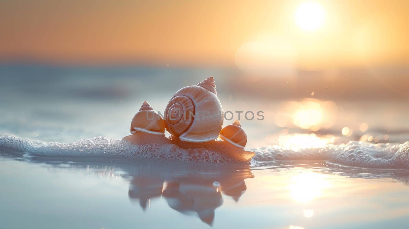 A group of three seashells are sitting on top of a wave