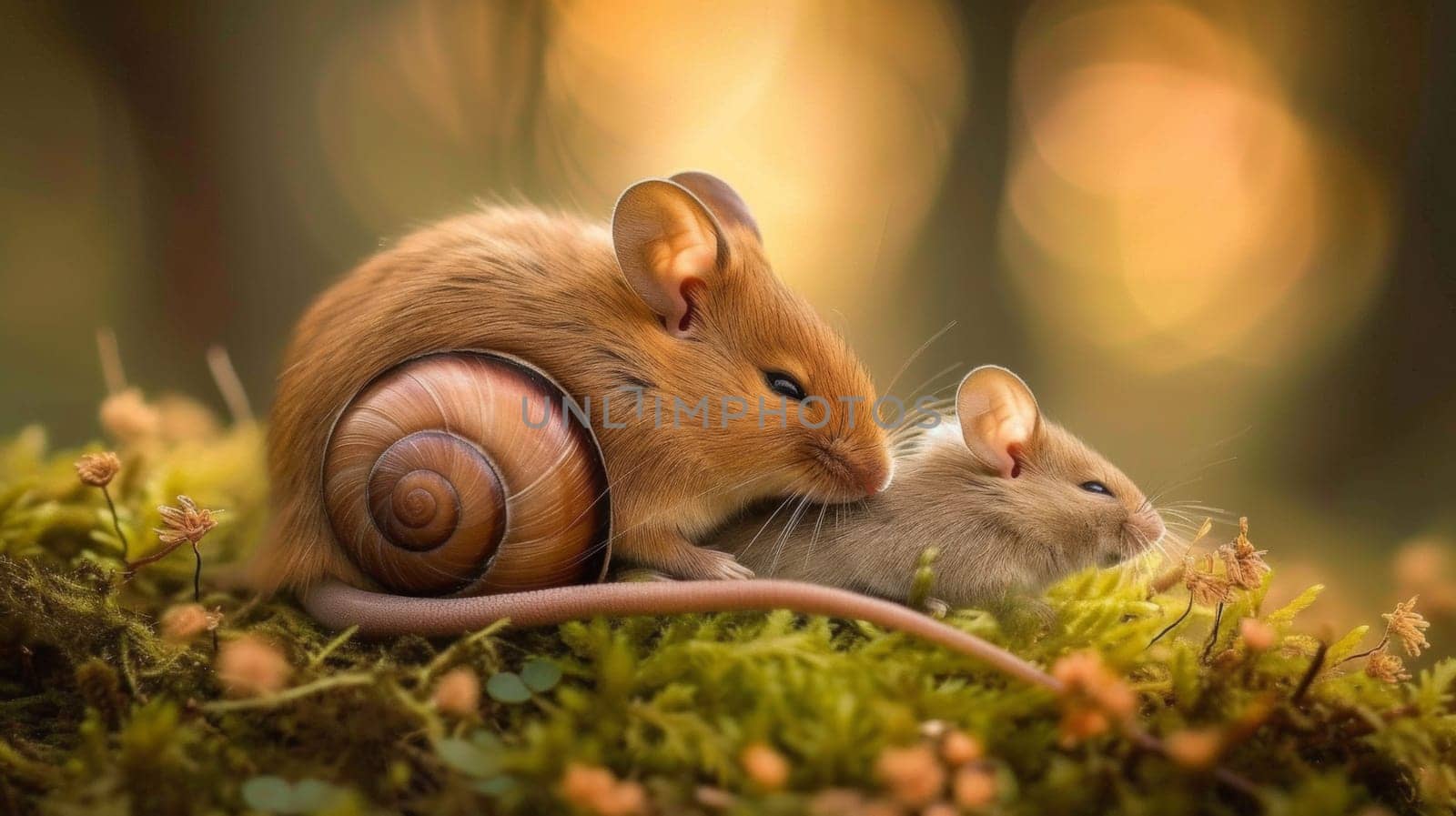 A mouse and a snail are sitting on the ground