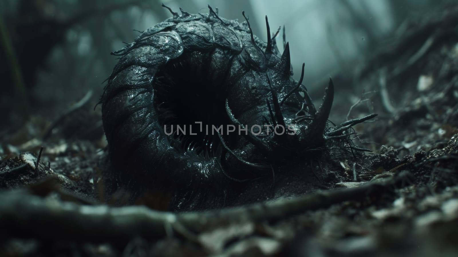 A close up of a large black creature in the woods