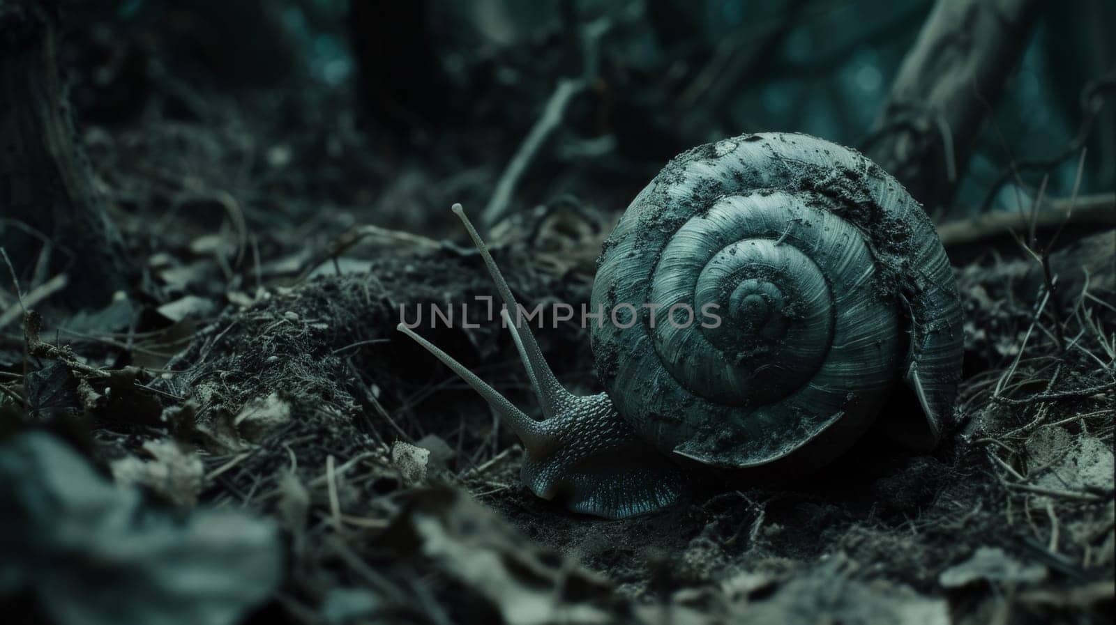 A snail crawling on the ground in a forest