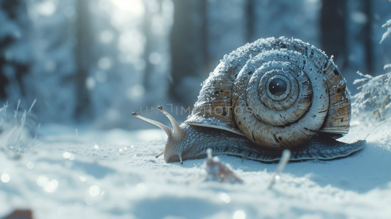 A snail is walking on the snow covered ground