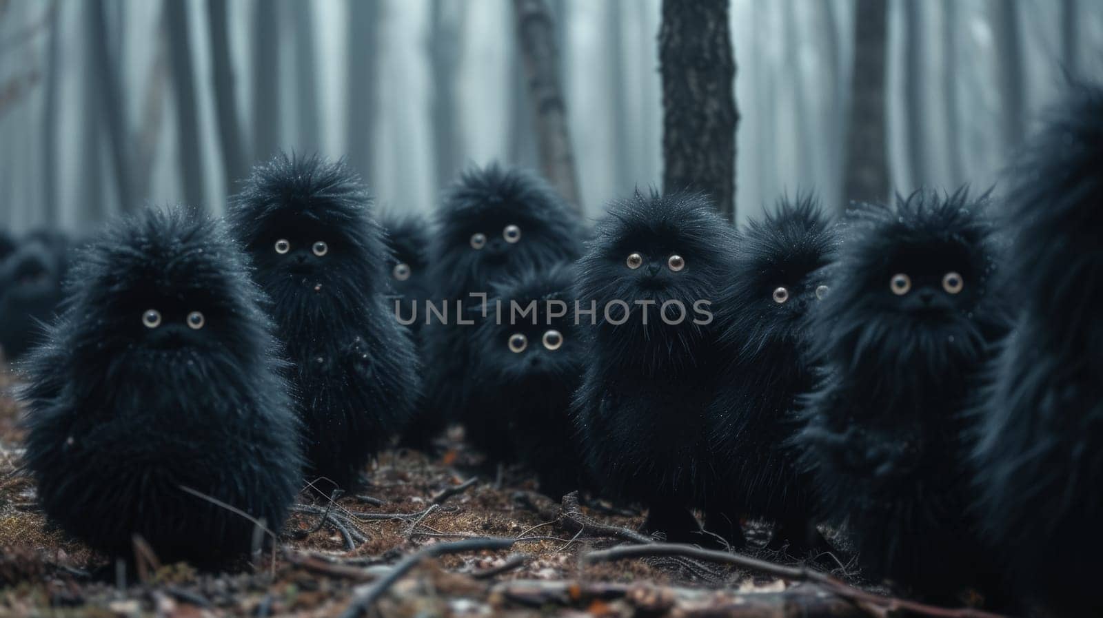 A group of black fuzzy creatures with big eyes standing in a forest
