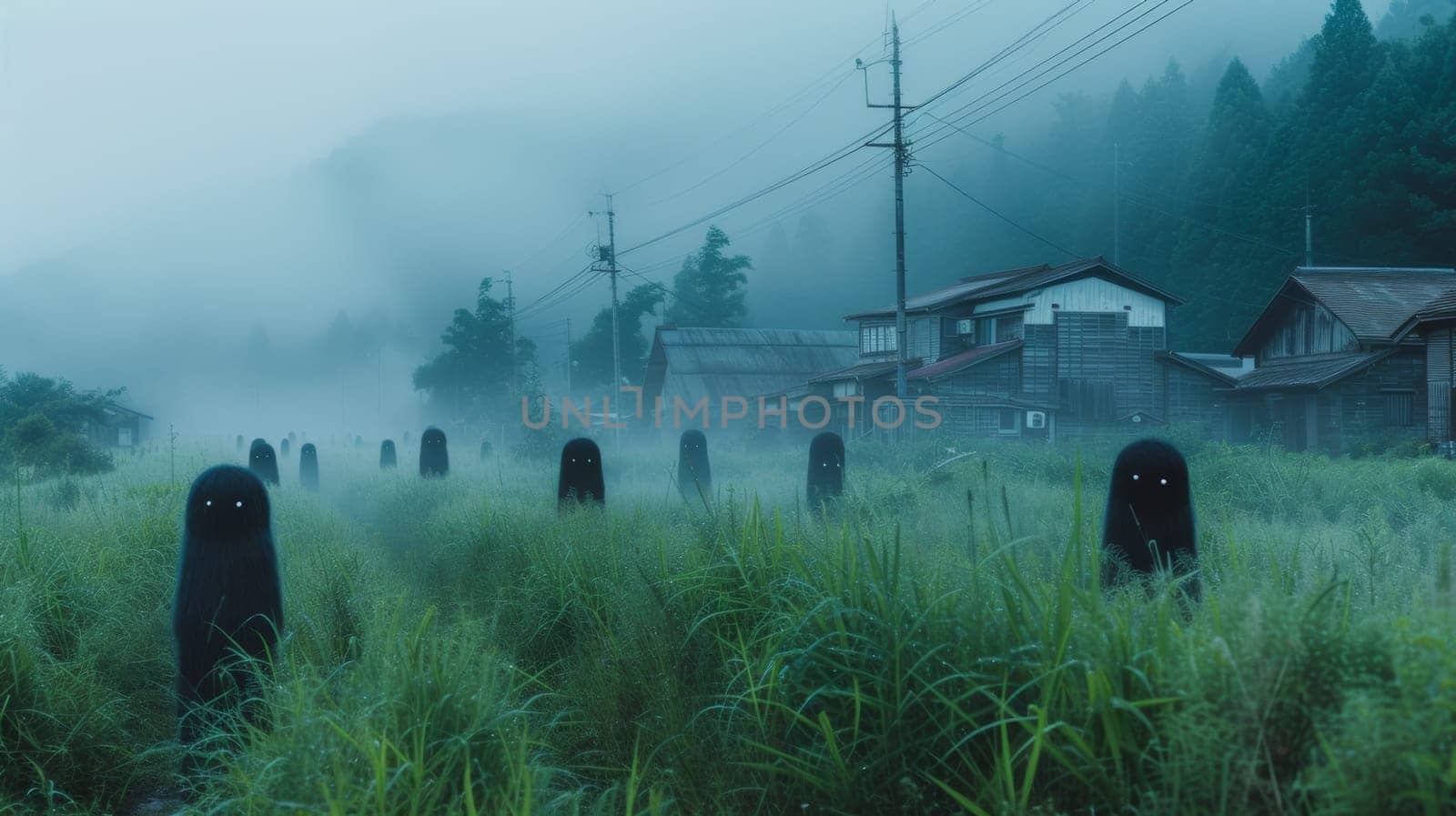 A group of black figures standing in a field with fog