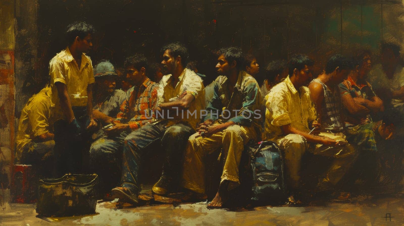 A painting of a group of men sitting on the ground