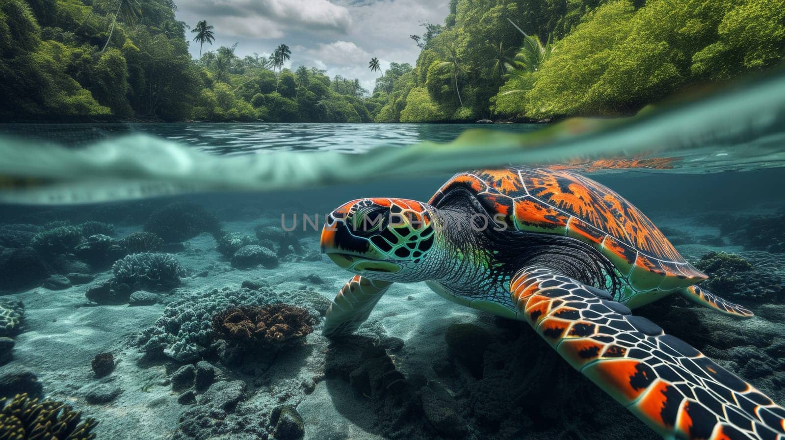 A turtle swimming in a tropical ocean with colorful coral reefs