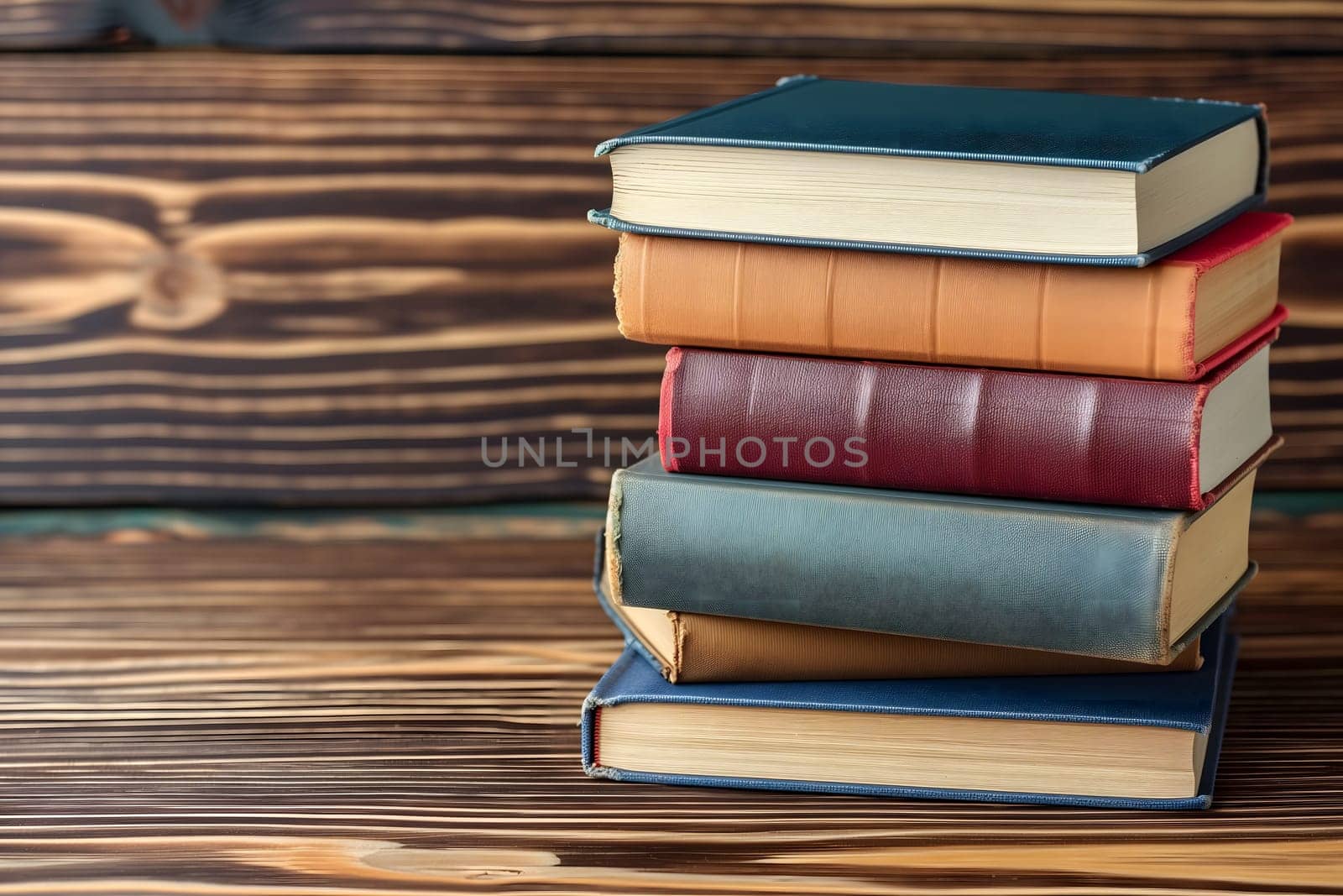 Stack of books on wooden board background by z1b