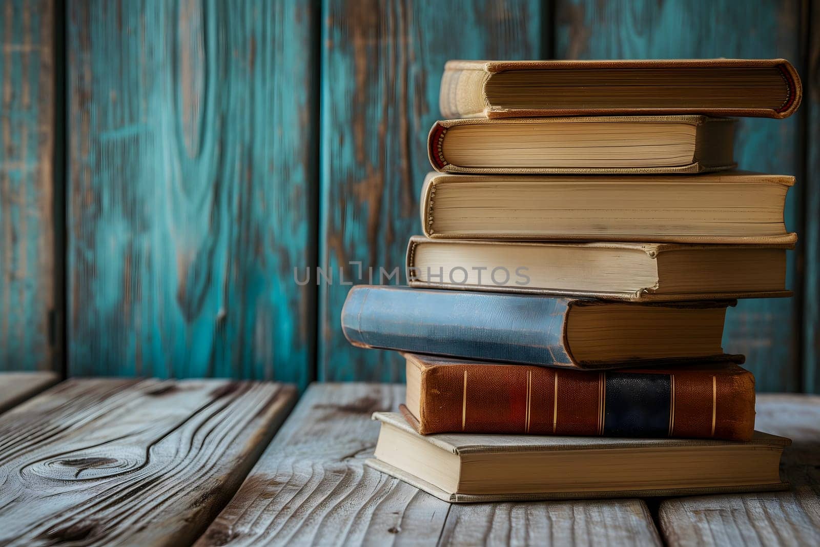 Stack of books on wooden board background. Neural network generated in January 2024. Not based on any actual scene or pattern.