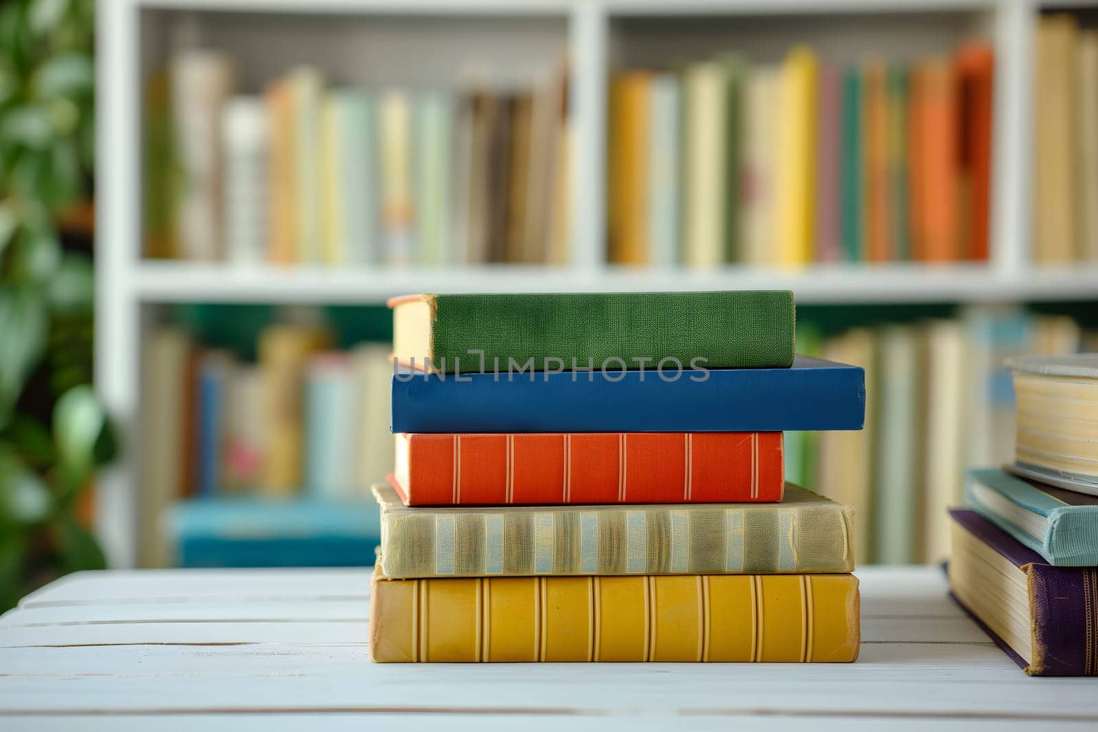 Stack of books on table in front of blurred book shelf. Neural network generated in January 2024. Not based on any actual scene or pattern.