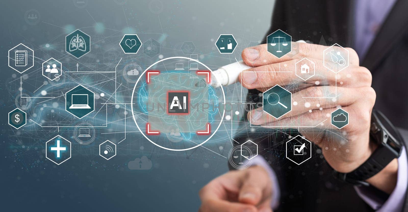 Artificial intelligence concept businessman holding ai on computer screen to using for in document management system and data analysis works by Andelov13