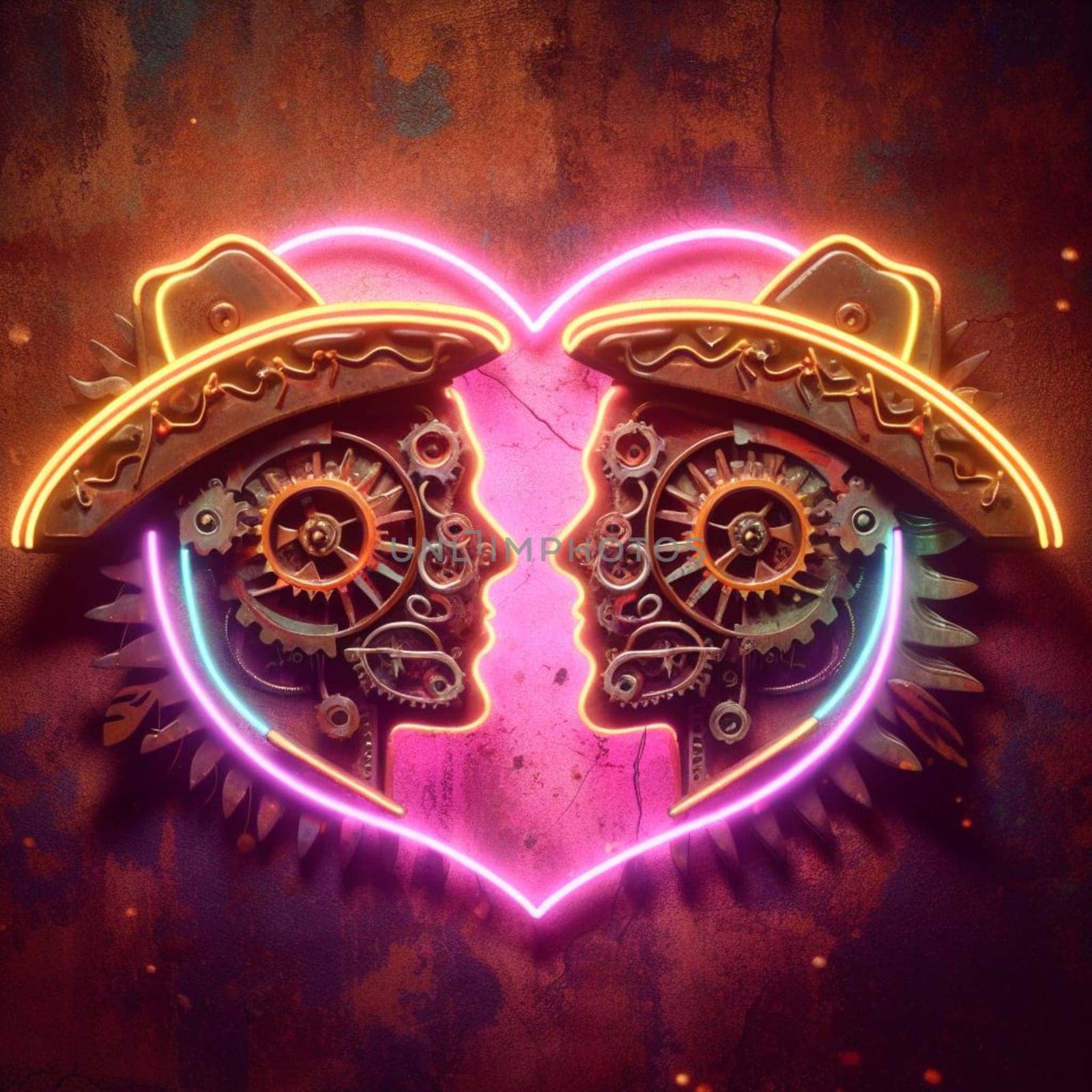 steampunk cowboy mariachi skull in love neon sign amor valentines concept rusty background by verbano