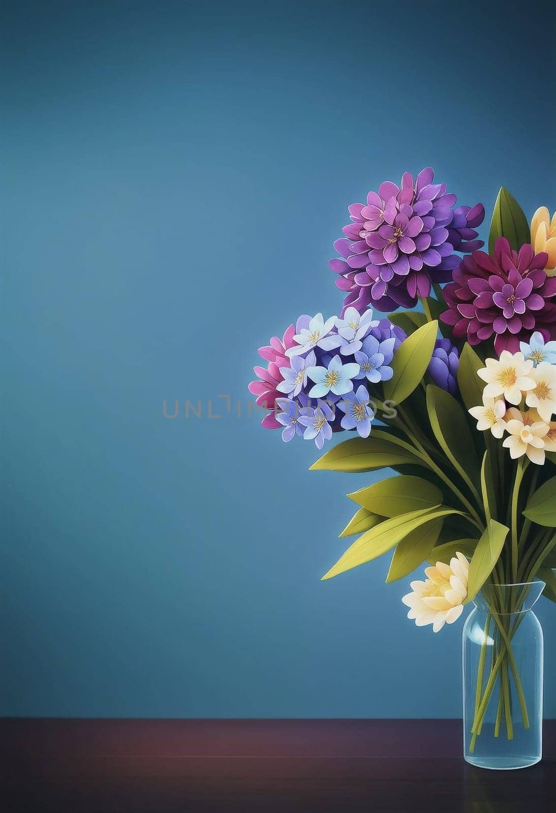 bouquet of different blooming spring lilacs in a vase isolated on blue background. AI generated image.