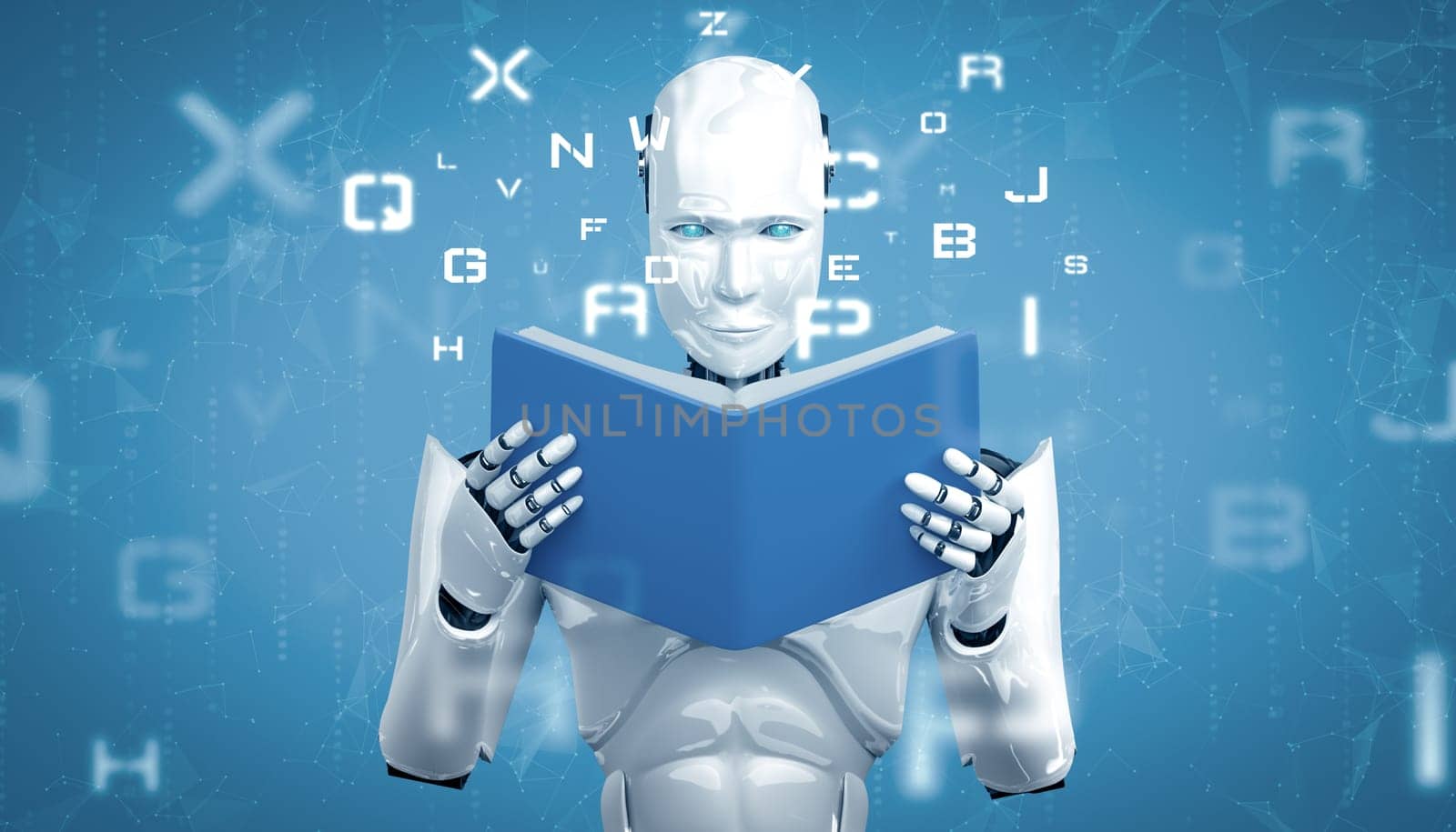 XAI 3d illustration 3D illustration of robot humanoid reading book in concept of future artificial intelligence and 4th fourth industrial revolution.
