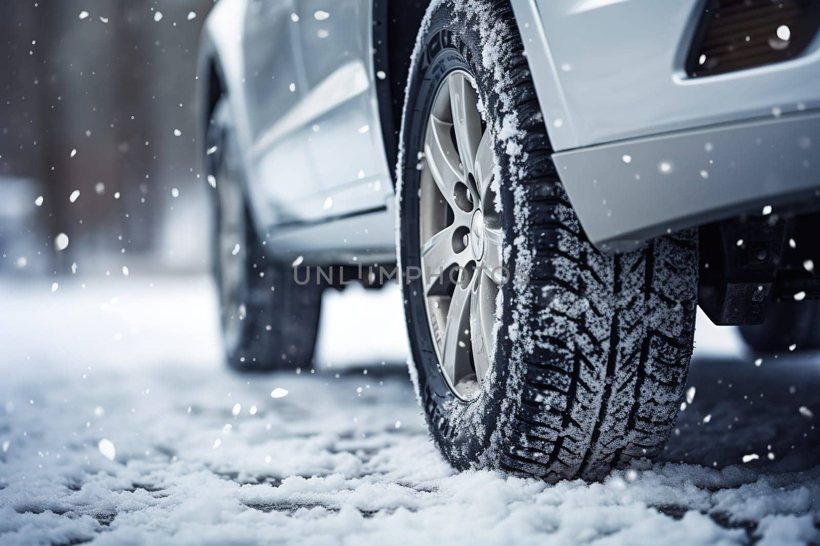 Close-up of car tires in winter on the road